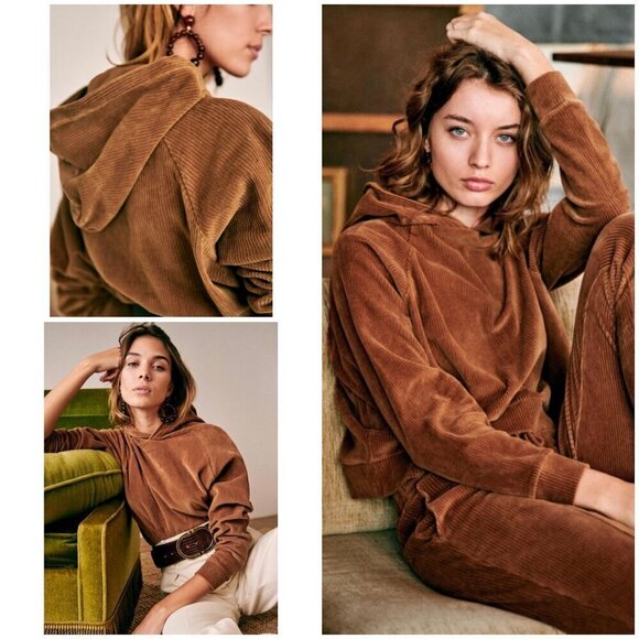 💕SEZANE💕 Mary Corduroy Cropped Hoodie Sweatshirt ~ Camel Brown Large - Picture 1 of 14